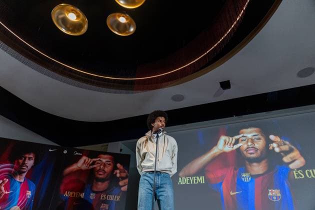 (260724) -- BARCELONA, July 24, 2026 -- FC Barcelona, Barca s new player Karim Adeyemi speaks during his official presentation in Spotify Camp Nou, Barcelona, Spain, on July 23, 2026. (Photo by Xinhua) (SP)SPAIN-BARCELONA-FOOTBALL-FC BARCELONA-NEW PLAYER-KARIM ADEYEMI JoanxGosa 
