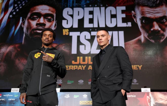 BOXING SPENCE TSZYU press conference, PK, Pressekonferenz Australian boxer Tim Tszyu and American boxer Errol Spence Jr face off during a press conference, Sydney, Friday, July 24, 2026. ( NO ARCHIVING SYDNEY NEW SOUTH WALES AUSTRALIA  Copyright: xDAMIANxSHAWx 20260724176425841317