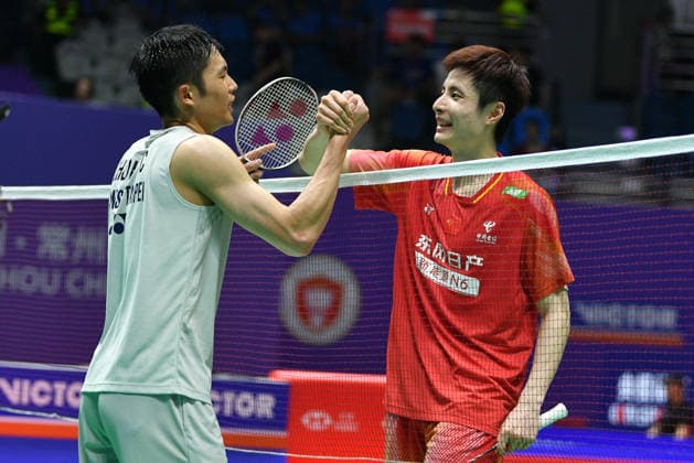 CHANGZHOU, CHINA - JULY 24: Shi Yuqi of China shakes hands with Chou Tien Chen of Chinese Taipei after the Men s Singles Quarterfinal match on day 4 of the China Open 2026 at Changzhou Olympic Sports Center Gymnasium on July 24, 2026 in Changzhou, Jiangsu Province of China.  Copyright: xVCGx 111656129756