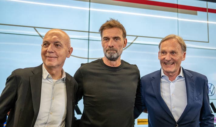 24.07.2026, xfux, Fussball DFB-Medientermine, Pressekonferenz DFB Team - Vorstellung Trainer Jürgen Klopp v.l. Praesident Präsident Bernd Neuendorf (Deutscher Fussball-Bund DFB), Trainer Julian Nagelsmann (Deutsche Fussball Nationalmannschaft DFB), Hans-Joachim Aki Watzke (Vorsitzender des Aufsichtsrates des Deutschen Fussball Bund DFB) (DFL DFB REGULATIONS PROHIBIT ANY USE OF PHOTOGRAPHS as IMAGE SEQUENCES and or QUASI-VIDEO) Frankfurt am Main *** July 24, 2026, xfux, DFB Soccer Media Events, DFB Team Press Conference: Introduction of Coach Jürgen Klopp (from left): President Bernd Neuendorf of the German Soccer Association (DFB), Coach Julian Nagelsmann of the German National Soccer Team (DFB), Hans Joachim Aki Watzke, Chairman of the Supervisory Board of the German Football Association (DFB) and the German Football League (DFL). DFB REGULATIONS PROHIBIT ANY USE OF PHOTOGRAPHS AS IMAGE SEQUENCES AND OR QUASI-VIDEO. Frankfurt am Main