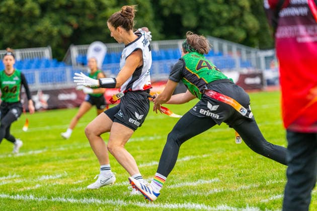 Munich Spatzen (grün) gegen Düsseldorf Firecats (weiß) - Halbfinale Frauen - Flag Football - Die Finals 2026 (24.07.2026, Hannover Erika-Fisch-Stadion (Hannover, GER), *** Munich Spatzen (green) vs. Düsseldorf Firecats (white) Women s Flag Football Semifinal, The Finals 2026, July 24, 2026, Erika Fisch Stadium, Hanover, GER, Copyright: xJanxGuentherx