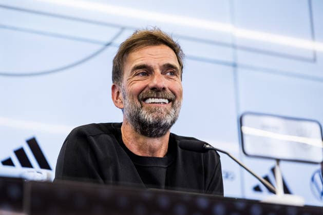 FRANKFURT, GERMANY - JULY 24: Juergen Klopp (Head Coach Germany) smiling during the press conference, PK, Pressekonferenz to present Juergen Klopp as the new head coach of Germany at DFB Campus on July 24, 2026 in Frankfurt, Germany. Hessen Germany Copyright: xSteffiexWunderlx