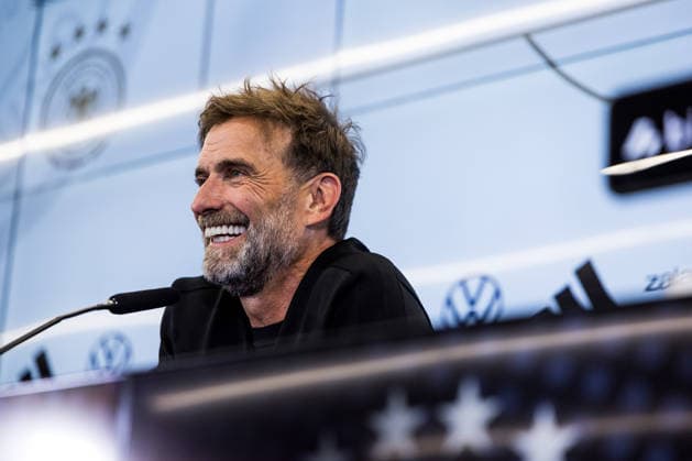 FRANKFURT, GERMANY - JULY 24: Juergen Klopp (Head Coach Germany) smiling during the press conference, PK, Pressekonferenz to present Juergen Klopp as the new head coach of Germany at DFB Campus on July 24, 2026 in Frankfurt, Germany. Hessen Germany Copyright: xSteffiexWunderlx