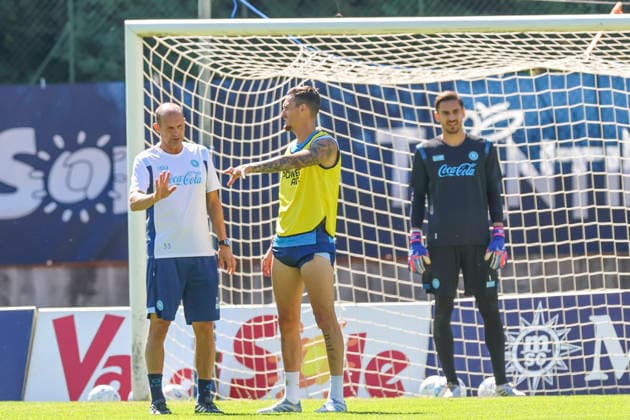 SSC Napoli preseason 2026-27 Napoli™s Italian coach Massimiliano Allegri with SSC Napoli™s Spanish defender Rafa Marin during eighth day SSC Napoli s 2026-27 preseason training camp in val di sole in Trentino, Dimaro Folgarida July, 19 2026. CDL12128 Copyright: xAntonioxBalascox