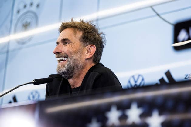 FRANKFURT, GERMANY - JULY 24: Juergen Klopp (Head Coach Germany DFB) smiling, laughing, during the press conference, PK, Pressekonferenz to present Juergen Klopp as the new head coach of Germany at DFB Campus on July 24, 2026 in Frankfurt, Germany. Hessen Germany Copyright: xSteffiexWunderlx