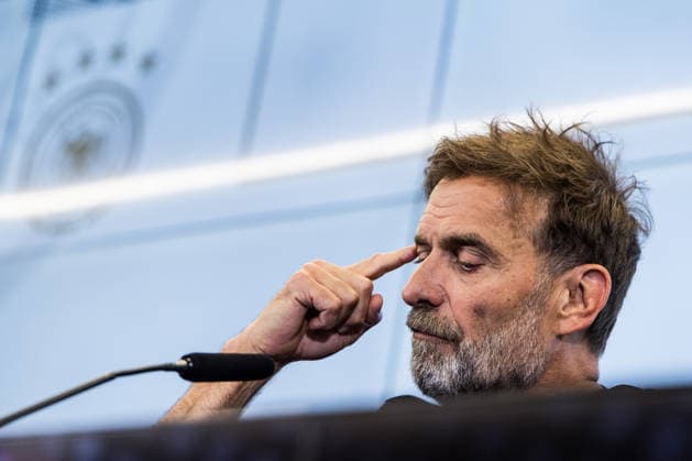 FRANKFURT, GERMANY - JULY 24: Juergen Klopp (Head Coach Germany DFB) gestures during the press conference, PK, Pressekonferenz to present Juergen Klopp as the new head coach of Germany at DFB Campus on July 24, 2026 in Frankfurt, Germany. Hessen Germany Copyright: xSteffiexWunderlx