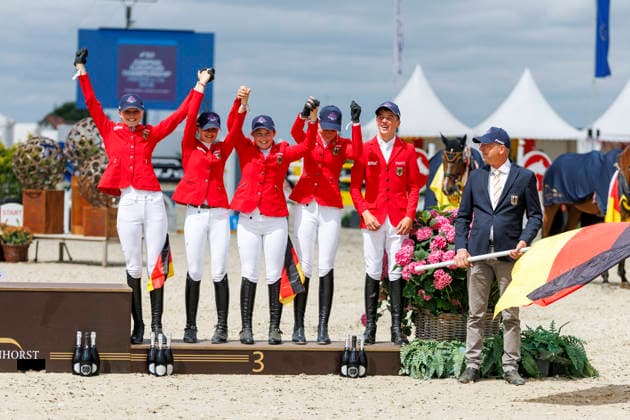 HAGEN a.T.W. - FEI Jumping European Championship, EM, Europameisterschaft Children, Juniors and Young Rider 2026, HAGEN a.T.W. - FEI Jumping European Championship Children, Juniors and Young Rider 2026 Team Germany KUEHNER Grace Isabelle (GER), OSING Mila (GER), THOMSEN Justus (GER), BROCKS Luisa Charlotte (GER), SPREHE Joelle (GER), (SEEMANN Eberhard) Championship ceremony Team Final Nations Cup CH-EU-Ch-S - Children 2nd COMPETITION Teams & Individuals over two rounds - SECOND ROUND Hagen a.T.W., Reitanlage Haunhorst 24. July 2026 - *** HAGEN a T W FEI Jumping European Championship for Children, Juniors, and Young Riders 2026, HAGEN a T W FEI Jumping European Championship for Children, Juniors, and Young Riders 2026 Team Germany KUEHNER Grace Isabelle GER, OSING Mila GER, THOMSEN Justus GER, BROCKS Luisa Charlotte GER, SPREHE Joelle GER, SEEMANN Eberhard Championship Ceremony Team Final Nations Cup CH EU Ch S Children 2nd COMPETITION Teams Individuals over two rounds SECOND ROUND Hagen a T W, Haunhorst Equestrian Center, July 24, 2026