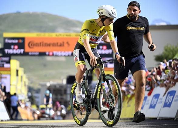 Slovenian Tadej Pogacar of UAE Team Emirates XRG celebrates after winning stage 19 of the 2026 Tour de France cycling race, a stage of 125km from Gap to Alpe d Huez, on Friday 24 July 2026. The 113th edition of the Tour de France starts on Saturday 4 July in Barcelona, Spain, and will finish in Paris, France on the 26th of July. JASPERxJACOBS  x181946672x