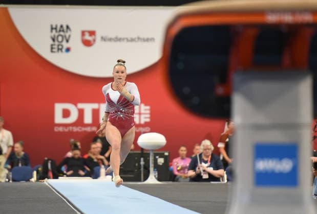 24.07.2026, xhbx, Turnen DM Finals 2026, Mehrkampf Frauen v.l. Silja Stöhr (SG Heddesheim) Sprung (DFL DFB REGULATIONS PROHIBIT ANY USE OF PHOTOGRAPHS as IMAGE SEQUENCES and or QUASI-VIDEO) Hannover *** July 24, 2026, xhbx, 2026 German Gymnastics Championships Finals, Women’s All-Around, Silja Stöhr (SG Heddesheim), Vault. DFL and DFB regulations prohibit any use of photographs as image sequences and or quasi-video. Hanover
