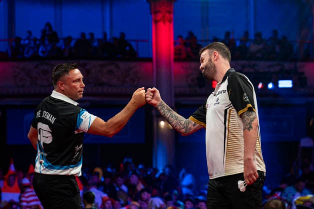 RECORD DATE NOT STATED 24th July 2026, Winter Gardens, Blackpool, Lancashire, England; 2026 Betfred World Matchplay Darts, Day Seven; Ross Smith fist bumps his opponent Gerwen Price before their quarter final match GodfreyxPitt