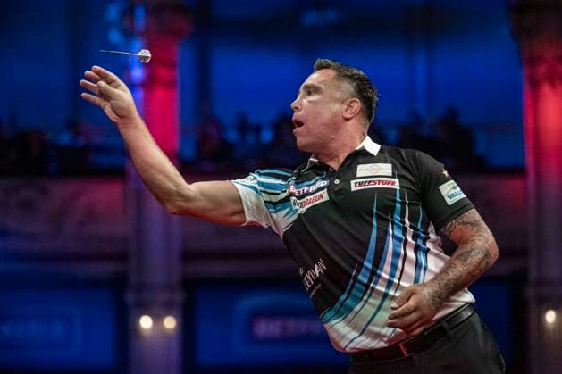 RECORD DATE NOT STATED 24th July 2026, Winter Gardens, Blackpool, Lancashire, England; 2026 Betfred World Matchplay Darts, Day Seven; Gerwen Price in action on the oche in his quarter final match against Ross Smith GodfreyxPitt