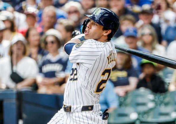 Milwaukee Brewers designated hitter Christian Yelich hits a home run in the first inning of the MLB, Baseball Herren, USA game between the Colorado Rockies and the Milwaukee Brewers at American Family Field in Milwaukee, Wisconsin on Friday July 24, 2026.  MIL20260724808 TANNENxMAURY