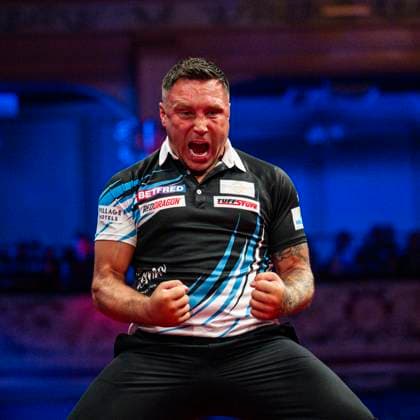 RECORD DATE NOT STATED 24th July 2026, Winter Gardens, Blackpool, Lancashire, England; 2026 Betfred World Matchplay Darts, Day Seven; Gerwyn Price celebrates winning his quarter final match against Ross Smith GodfreyxPitt