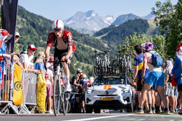 Belgian Liam Slock of Lotto Intermarche pictured in action during stage 19 of the 2026 Tour de France cycling race, a stage of 125km from Gap to Alpe d Huez, on Friday 24 July 2026. The 113th edition of the Tour de France starts on Saturday 4 July in Barcelona, Spain, and will finish in Paris, France on the 26th of July. DAVIDxPINTENS  x181972177x