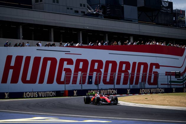 24.07.2026, HUN, Motorsport, FIA Formel 1 Weltmeisterschaft, Freies Training, Saison 2026, Hungaroring Budapest, Großer Preis von Ungarn Charles Leclerc ( Scuderia Ferrari HP, Monaco, 16 ) im SF-26 vor Hungaroring Branding in Kurve 2, Mogyorod Hungaroring Pest Ungarn *** July 24, 2026, HUN, Motorsports, FIA Formula 1 World Championship, Free Practice, 2026 Season, Hungaroring, Budapest, Hungarian Grand Prix, Charles Leclerc, Scuderia Ferrari HP, Monaco, No. 16 in the SF 26, in front of the Hungaroring branding at Turn 2, Mogyorod, Hungaroring, Pest, Hungary Copyright: xNordphotox xMemmlerx