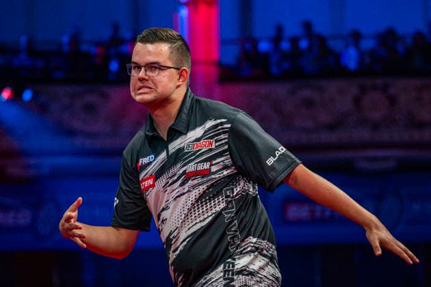 RECORD DATE NOT STATED 24th July 2026, Winter Gardens, Blackpool, Lancashire, England; 2026 Betfred World Matchplay Darts, Day Seven; Gian van Veen misses a double in his quarter final match against James Wade GodfreyxPitt