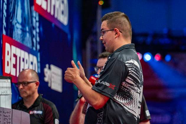 RECORD DATE NOT STATED 24th July 2026, Winter Gardens, Blackpool, Lancashire, England; 2026 Betfred World Matchplay Darts, Day Seven; Gian van Veen ironically celebrates winning a leg in his quarter final match against James Wade GodfreyxPitt