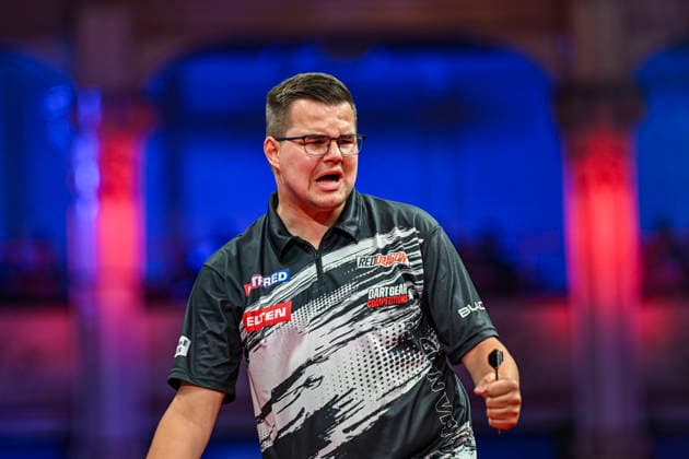 RECORD DATE NOT STATED 24th July 2026, Winter Gardens, Blackpool, Lancashire, England; 2026 Betfred World Matchplay Darts, Day Seven; Gian van Veen celebrates winning a leg in his quarter final match against James Wade GodfreyxPitt