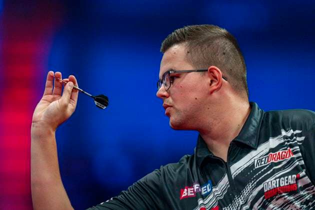 RECORD DATE NOT STATED 24th July 2026, Winter Gardens, Blackpool, Lancashire, England; 2026 Betfred World Matchplay Darts, Day Seven; Gian van Veen in action on the oche in his quarter final match against James Wade GodfreyxPitt