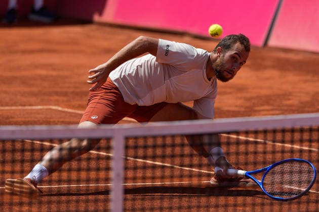 July 24, 2026, Estoril, Lisbon, Portugal: Hugo Gaston plays against Tiago Torres (Not in view) during the quarterfinals of Millennium Estoril Open ATP, Tennis Herren Tour 250 tennis tournament at the Clube de Tenis do Estoril. Final score: Tiago Torres 0:2 Hugo Gaston Estoril Portugal - ZUMAs197 20260724_aaa_s197_123 Copyright: xBrunoxdexCarvalhox