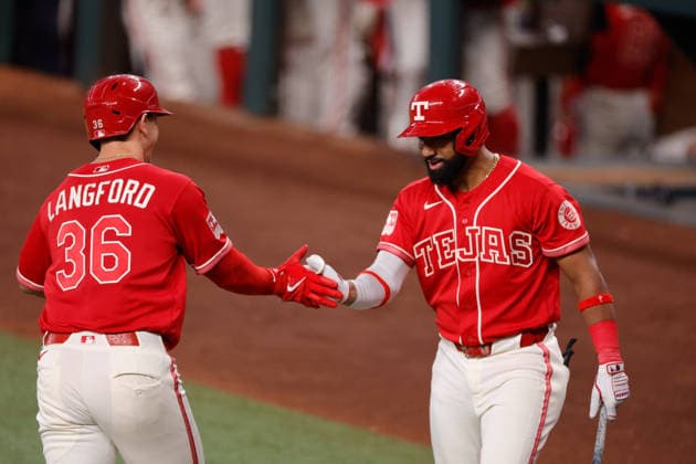 July 24, 2026, Arlington, Texas, USA: Texas Rangers left fielder WYATT LANGFORD (36) and Texas Rangers third baseman EZEQUIEL DURAN (20) celebrate LangfordÃ¢â‚¬â ¢s home run in the first inning during a baseball game, Friday, July 24, 2026, in Arlington, Texas. Arlington USA - ZUMAa325 20260724_zsa_a325_015 Copyright: xDavidxBalleringxIix