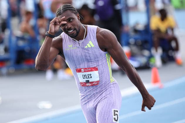 USATF Outdoor Championships 2026 Noah Lyles wins in the semi final heat in the Mens 100m during the 2026 USATF Outdoor Championships at Icahn Stadium on July 24, 2026 in New York, New York. (Photo by Ariel Fox Image of New York New York United States EDITORIAL USE ONLY Copyright: xImagexofxSportx ArielxFoxx iosphotos415762