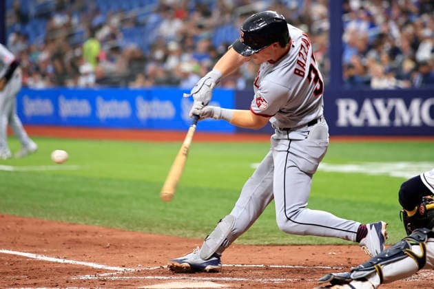 July 24, 2026, St. Petersburg, Florida, USA: Cleveland Guardians second baseman Travis Bazzana (37) flies out to Tampa Bay Rays center fielder Cedric Mullins (31) during an MLB, Baseball Herren, USA game on July 24, 2026 at Tropicana Field. The Rays beat the Guardians 11-3. St. Petersburg USA - ZUMAh180 20260724_zsp_h180_024 Copyright: xKimxHukarix