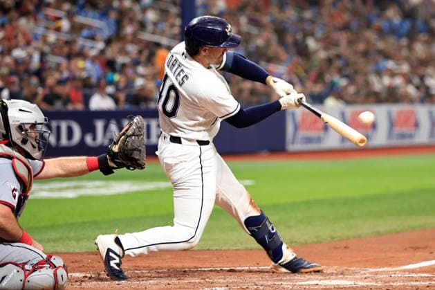 July 24, 2026, St. Petersburg, Florida, USA: Tampa Bay Rays catcher Nick Fortes (40) singles to center field and scores left fielder Chandler Simpson (14) during an MLB, Baseball Herren, USA game against the Cleveland Guardians on July 24, 2026 at Tropicana Field. The Rays beat the Guardians 11-3. St. Petersburg USA - ZUMAh180 20260724_zsp_h180_026 Copyright: xKimxHukarix