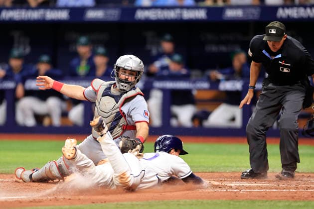 July 24, 2026, St. Petersburg, Florida, USA: Tampa Bay Rays catcher Nick Fortes (40) slides at home and is safe due to the ball being dropped by Cleveland Guardians catcher Austin Hedges (27) during an MLB, Baseball Herren, USA game on July 24, 2026 at Tropicana Field. The Rays beat the Guardians 11-3. St. Petersburg USA - ZUMAh180 20260724_zsp_h180_049 Copyright: xKimxHukarix