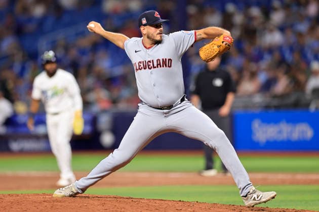 July 24, 2026, St. Petersburg, Florida, USA: Cleveland Guardians pitcher Franco Aleman (55) delivers a pitch during an MLB, Baseball Herren, USA game against the Tampa Bay Rays on July 24, 2026 at Tropicana Field. The Rays beat the Guardians 11-3. St. Petersburg USA - ZUMAh180 20260724_zsp_h180_058 Copyright: xKimxHukarix