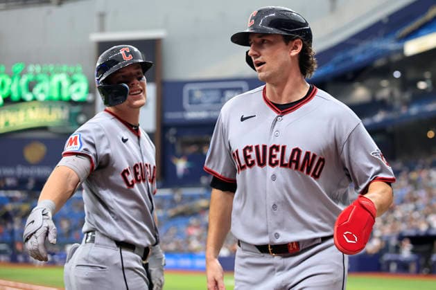 July 24, 2026, St. Petersburg, Florida, USA: Cleveland Guardians second baseman Travis Bazzana (37) congratulates designated hitter Chase DeLauter (24) after scoring on a double by shortstop Brayan Rocchio (4) during an MLB, Baseball Herren, USA game against the Tampa Bay Rays on July 24, 2026 at Tropicana Field. The Rays beat the Guardians 11-3. St. Petersburg USA - ZUMAh180 20260724_zsp_h180_062 Copyright: xKimxHukarix