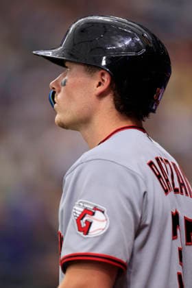 July 24, 2026, St. Petersburg, Florida, USA: Cleveland Guardians second baseman Travis Bazzana (37) waits in the on deck circle during an MLB, Baseball Herren, USA game against the Tampa Bay Rays on July 24, 2026 at Tropicana Field. The Rays beat the Guardians 11-3. St. Petersburg USA - ZUMAh180 20260724_zsp_h180_066 Copyright: xKimxHukarix