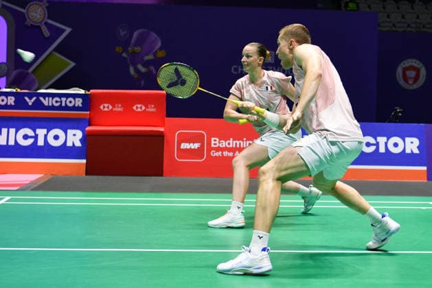 CHANGZHOU, CHINA - JULY 25: Thom Gicquel and Delphine Delrue of France compete in the Mixed Doubles Semifinal match against Feng Yanzhe and Huang Dongping of China on day 5 of the China Open 2026 at Changzhou Olympic Sports Center Gymnasium on July 25, 2026 in Changzhou, Jiangsu Province of China.  Copyright: xVCGx 111656315841