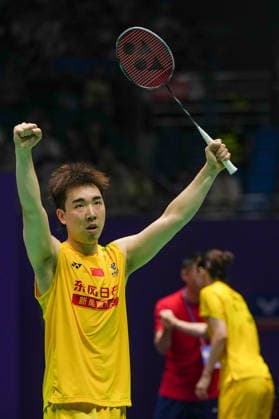 (260725) -- CHANGZHOU, July 25, 2026 -- Guo Xinwa (L) Chen Fanghui celebrate after winning the mixed doubles semifinal match between Guo Xinwa Chen Fanghui of China and Dechapol Puavaranukroh Supissara Paewsampran of Thailand at the 2026 China Open badminton tournament in Changzhou, east China s Jiangsu Province, July 25, 2026. ) (SP)CHINA-CHANGZHOU-BADMINTON-CHINA OPEN-MIXED DOUBLES (CN) LixBo 