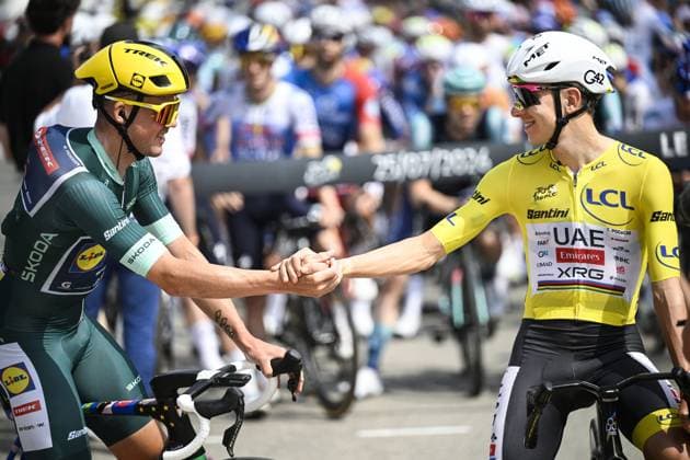 Danish Mads Pedersen of Lidl-Trek and Slovenian Tadej Pogacar of UAE Team Emirates XRG pictured at the start of stage 20 of the 2026 Tour de France cycling race, a stage of 171km Le Bourg d Oisans to Alpe d Huez, on Saturday 25 July 2026. The 113th edition of the Tour de France starts on Saturday 4 July in Barcelona, Spain, and will finish in Paris, France on the 26th of July. JASPERxJACOBS  x181995393x