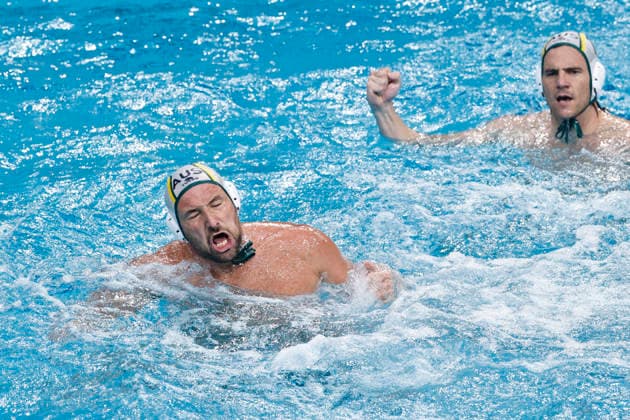Water polo, Wasserball WORLD CUP AUSTRALIA HUNGARY, Nicolas Constantin-Bicari of Australia celebrates scoring a goal during the Water Polo World Cup Men s Semi Final match between Australia and Hungary at Sydney Olympic Park Aquatic Centre in Sydney, Saturday, July 25, 2026. ( NO ARCHIVING, EDITORIAL USE ONLY SYDNEY NEW SOUTH WALES AUSTRALIA  Copyright: xMARKxEVANSx 20260725129119262417