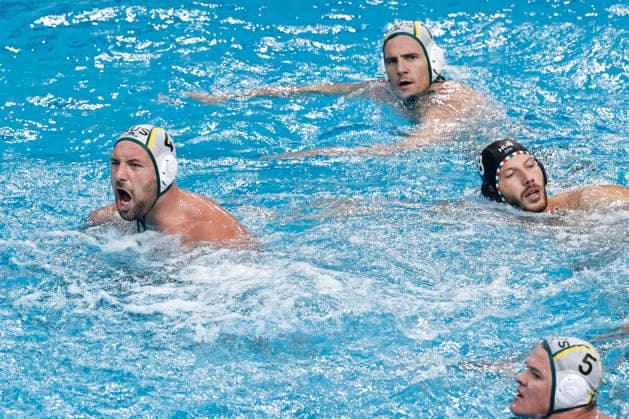 Water polo, Wasserball WORLD CUP AUSTRALIA HUNGARY, Nicolas Constantin-Bicari of Australia celebrates scoring a goal during the Water Polo World Cup Men s Semi Final match between Australia and Hungary at Sydney Olympic Park Aquatic Centre in Sydney, Saturday, July 25, 2026. ( NO ARCHIVING, EDITORIAL USE ONLY SYDNEY NEW SOUTH WALES AUSTRALIA  Copyright: xMARKxEVANSx 20260725179879497223