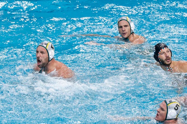 Water polo, Wasserball WORLD CUP AUSTRALIA HUNGARY, Nicolas Constantin-Bicari of Australia celebrates scoring a goal during the Water Polo World Cup Men s Semi Final match between Australia and Hungary at Sydney Olympic Park Aquatic Centre in Sydney, Saturday, July 25, 2026. ( NO ARCHIVING, EDITORIAL USE ONLY SYDNEY NEW SOUTH WALES AUSTRALIA  Copyright: xMARKxEVANSx 20260725130516184880