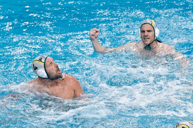 Water polo, Wasserball WORLD CUP AUSTRALIA HUNGARY, Nicolas Constantin-Bicari of Australia celebrates scoring a goal during the Water Polo World Cup Men s Semi Final match between Australia and Hungary at Sydney Olympic Park Aquatic Centre in Sydney, Saturday, July 25, 2026. ( NO ARCHIVING, EDITORIAL USE ONLY SYDNEY NEW SOUTH WALES AUSTRALIA  Copyright: xMARKxEVANSx 20260725185639396274