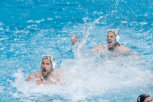 Water polo, Wasserball WORLD CUP AUSTRALIA HUNGARY, Jacob Mercep of Australia celebrates scoring a goal during the Water Polo World Cup Men s Semi Final match between Australia and Hungary at Sydney Olympic Park Aquatic Centre in Sydney, Saturday, July 25, 2026. ( NO ARCHIVING, EDITORIAL USE ONLY SYDNEY NEW SOUTH WALES AUSTRALIA  Copyright: xMARKxEVANSx 20260725197130834059