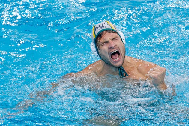 Water polo, Wasserball WORLD CUP AUSTRALIA HUNGARY, Jacob Mercep of Australia celebrates scoring a goal during the Water Polo World Cup Men s Semi Final match between Australia and Hungary at Sydney Olympic Park Aquatic Centre in Sydney, Saturday, July 25, 2026. ( NO ARCHIVING, EDITORIAL USE ONLY SYDNEY NEW SOUTH WALES AUSTRALIA  Copyright: xMARKxEVANSx 20260725113528417608