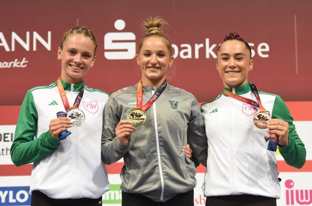 25.07.2026, xhbx, Turnen DM Finals 2026, Gerätfinals Frauen v.l. Mia Reinmann, Karina Schönmaier, Madita Mayr Sprung Siegerehrung (DFL DFB REGULATIONS PROHIBIT ANY USE OF PHOTOGRAPHS as IMAGE SEQUENCES and or QUASI-VIDEO) Hannover *** July 25, 2026, xhbx, 2026 German Gymnastics Championships Finals, Women’s Apparatus Finals: Mia Reinmann, Karina Schönmaier, Madita Mayr – Vault Medal Ceremony. DFL and DFB regulations prohibit any use of photographs as image sequences and or quasi-video. Hanover