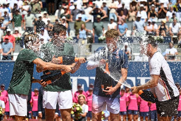 TENNIS - ATP, Tennis Herren Generali Open 2026 KITZBUEHEL,AUSTRIA,25.JUL.26 - TENNIS - ATP World Tour, Generali Open. Image shows Jakob Schnaitter, Mark Wallner (GER), Marc Polmans (AUS) and Lukas Miedler (AUT); keywords: award ceremony.  GEPAxpictures xDanielxSchoenherr