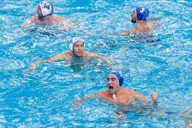 Water polo, Wasserball WORLD CUP ‹GREECE ITALY, Stylianos Argyropoulos of Greece celebrates scoring a goal during the Water Polo World Cup Men s Semi Final match between Greece and Italy at Sydney Olympic Park Aquatic Centre in Sydney, Saturday, July 25, 2026. ( NO ARCHIVING, EDITORIAL USE ONLY SYDNEY NEW SOUTH WALES AUSTRALIA  Copyright: xMARKxEVANSx 20260725129561141790