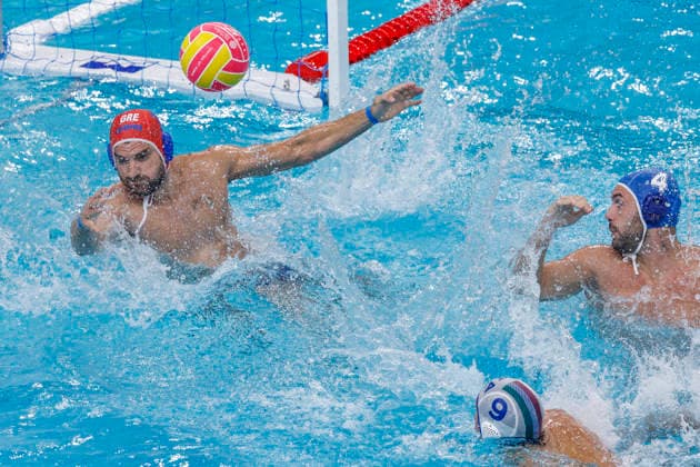 Water polo, Wasserball WORLD CUP ‹GREECE ITALY, Panagiotis Tzortzatos of Greece saves a shot on goal during the Water Polo World Cup Men s Semi Final match between Greece and Italy at Sydney Olympic Park Aquatic Centre in Sydney, Saturday, July 25, 2026. ( NO ARCHIVING, EDITORIAL USE ONLY SYDNEY NEW SOUTH WALES AUSTRALIA  Copyright: xMARKxEVANSx 20260725162409887522