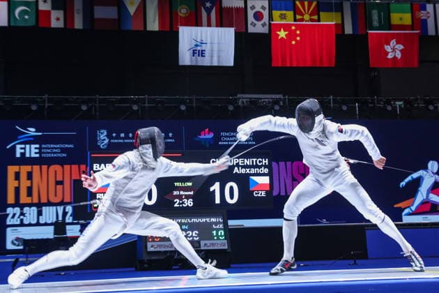 CHINA, HONG KONG - JULY 25, 2026: Russia s Yegor Barannikov (L) and the Czech Republic s Alexander Choupenitch compete in the men’s individual foil event at the 2026 Kerry Fencing World Championships. Mikhail Sinitsyn TASS  95428019