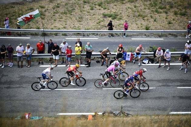 French Joris Delbove of TotalEnergies, Norwegian Jonas Abrahamsen of Uno-X Mobility, Spanish Xabier Mikel Azparren of Pinarello-Q36.5 Pro Cycling Team, German Georg Steinhauser of EF Education-EasyPost, French Warren Barguil of Team Picnic PostNL and French Baptiste Veistroffer of Lotto Intermarche pictured in action during stage 20 of the 2026 Tour de France cycling race, a stage of 171km Le Bourg d Oisans to Alpe d Huez, on Saturday 25 July 2026. The 113th edition of the Tour de France starts on Saturday 4 July in Barcelona, Spain, and will finish in Paris, France on the 26th of July. JASPERxJACOBS  x181999394x