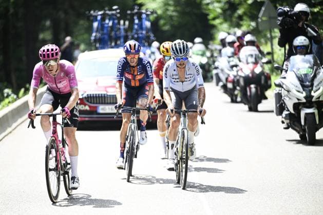 Spanish Xabier Mikel Azparren of Pinarello-Q36.5 Pro Cycling Team, German Georg Steinhauser of EF Education-EasyPost and French Warren Barguil of Team Picnic PostNL pictured in action during stage 20 of the 2026 Tour de France cycling race, a stage of 171km Le Bourg d Oisans to Alpe d Huez, on Saturday 25 July 2026. The 113th edition of the Tour de France starts on Saturday 4 July in Barcelona, Spain, and will finish in Paris, France on the 26th of July. JASPERxJACOBS  x181999406x