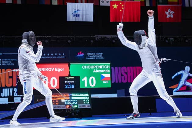 CHINA, HONG KONG - JULY 25, 2026: Russia s Yegor Barannikov (L) and the Czech Republic s Alexander Choupenitch compete in the men’s individual foil event at the 2026 Kerry Fencing World Championships. Mikhail Sinitsyn TASS  95428021