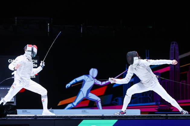 CHINA, HONG KONG - JULY 25, 2026: Hungary s Daniel Dosa (L) and the Czech Republic s Alexander Choupenitch compete in the men’s individual foil event at the 2026 Kerry Fencing World Championships. Mikhail Sinitsyn TASS  95429062